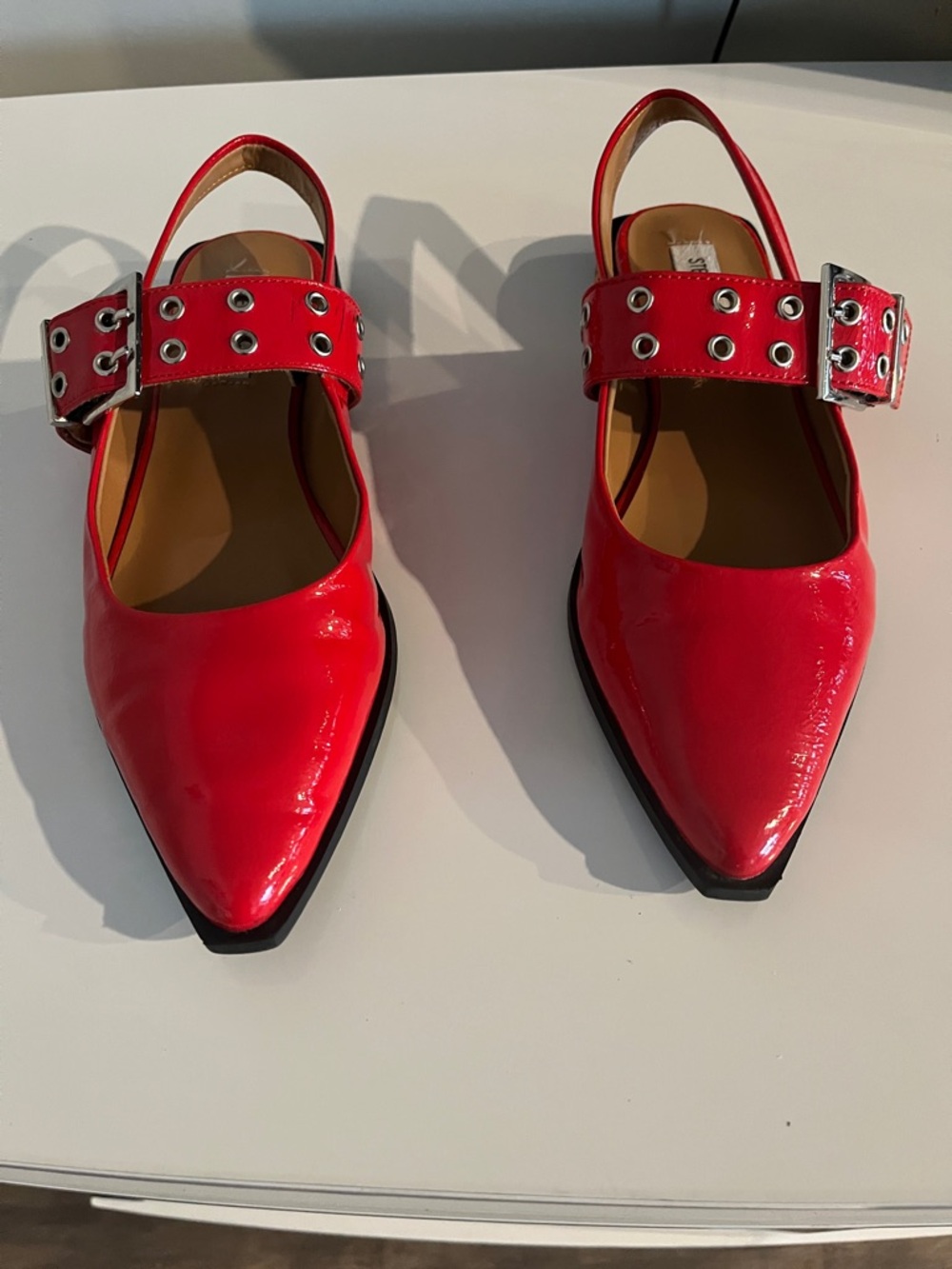 Steve‎ Madden Red Patent Pointed Slingback Mules with Grommet Strap Modern Edgy